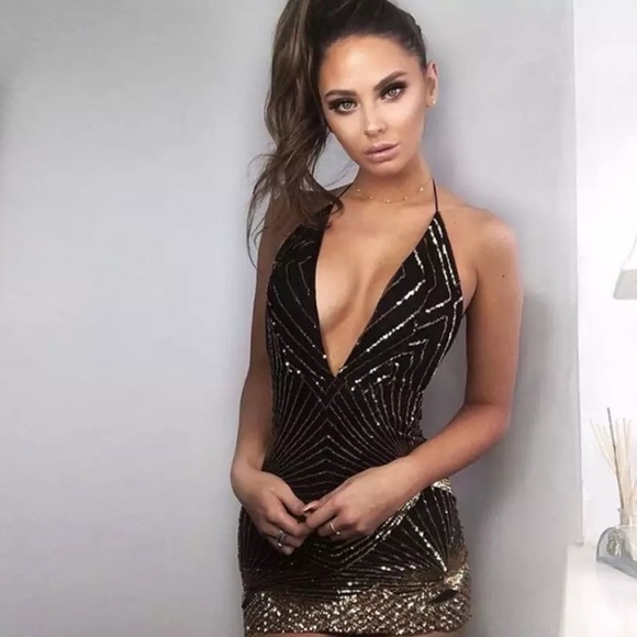 Black & Gold Sparking Sequin Cocktail Club Dress - Picture 3 of 8